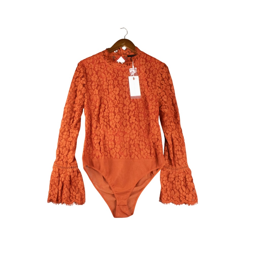 endless rose Womens L Bodysuit Boho Top‎ Crochet Lace Bell Sleeve Open Back